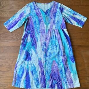 🫟Soft Surroundings Purple, Blue & White Cotton Blend, Pockets, 3/4 Slv Dress LP